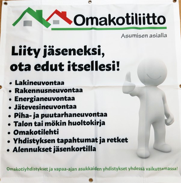 Purjerenkailla varustettu mainoskangas, jossa on esitelty Omakotiliiton jäsenedut. Koko 1x1 metriä.