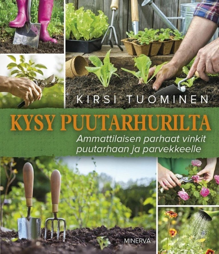 Kysy puutarhurilta -kirjan kansikuva, jossa leikataan oksia, kastellaan kasveja ja kaivetaan kuoppaa.