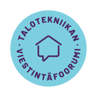 Talotekniikan viestintäfoorumin logo, jossa keskellä talon muotoinen puhekupla.